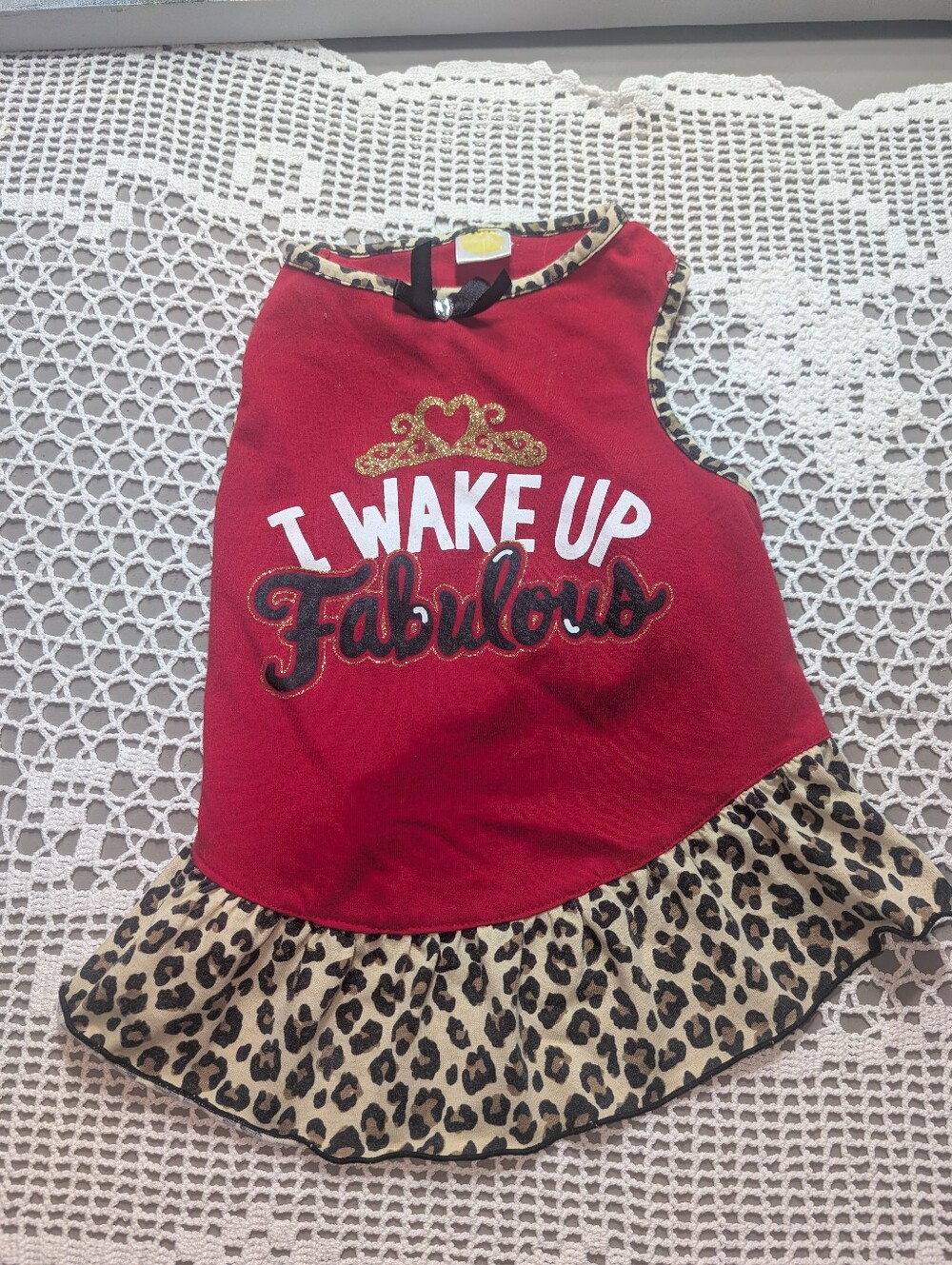 Red "I Wake Up Fabulous" Dog Tank Top with Leopard Trim Size Medium